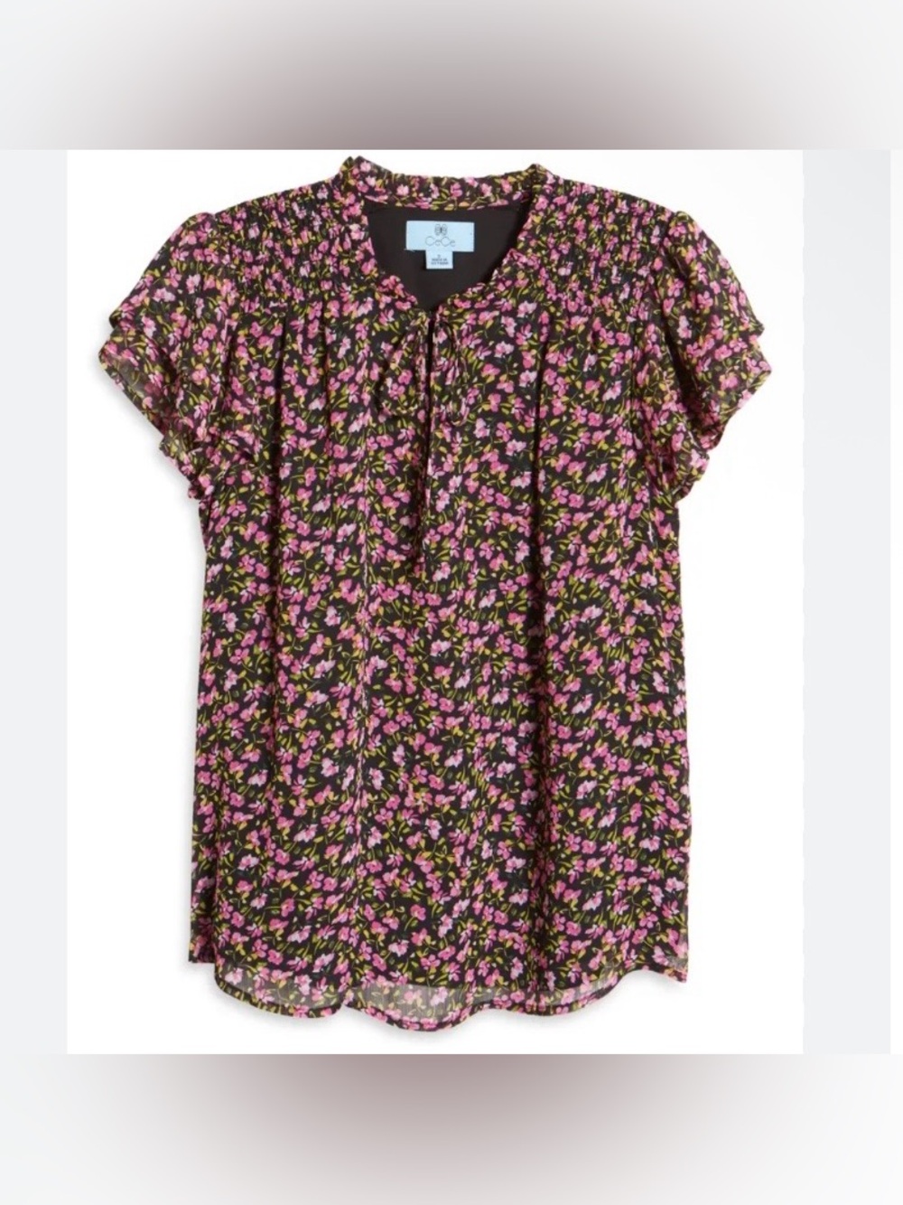 NWT CeCe Flutter Sleeve Floral Print Top Women’s Pink/Black Size Medium